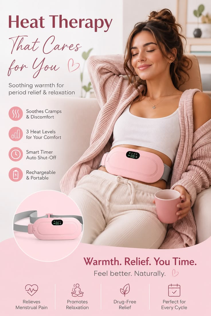 Cordless Period Pain Relief Heating Pad – Fast Heat Menstrual Cramp Massager with 4 Modes