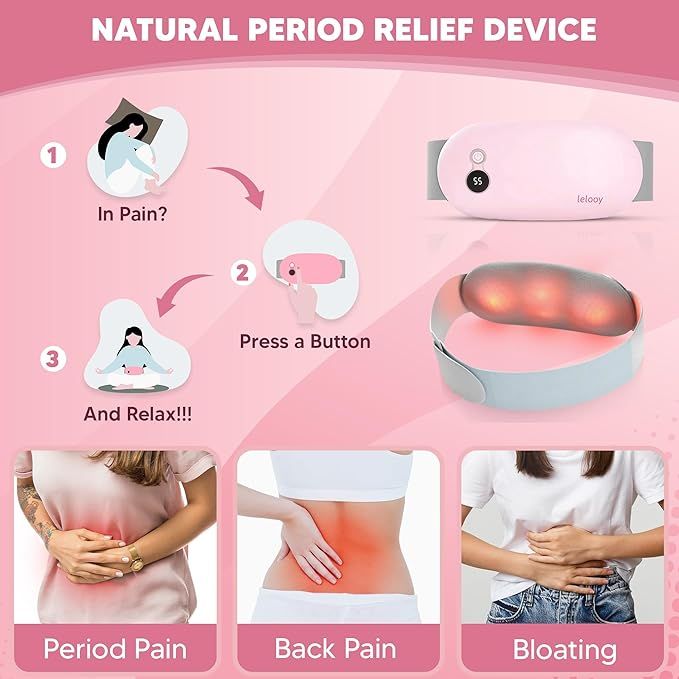 Cordless Period Pain Relief Heating Pad – Fast Heat Menstrual Cramp Massager with 4 Modes