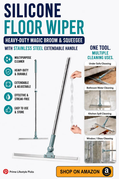 Magic Broom Silicone Floor Wiper – 180° Rotating Squeegee with Stainless Steel Extendable Handle