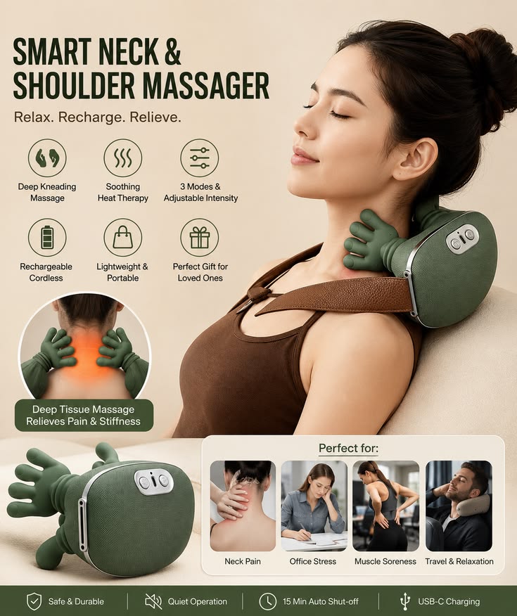 Cordless Neck & Shoulder Massager – Deep Kneading Shiatsu Massage with Heat for Pain Relief
