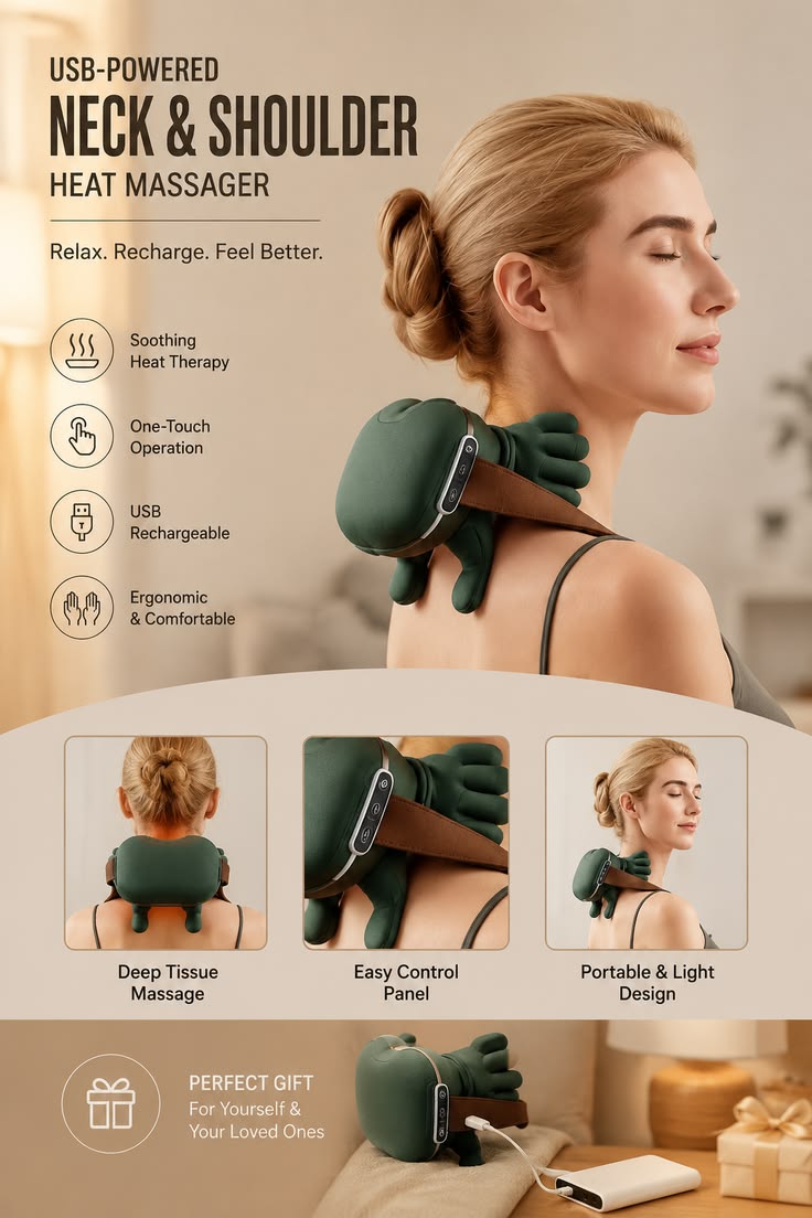 Cordless Neck & Shoulder Massager – Deep Kneading Shiatsu Massage with Heat for Pain Relief